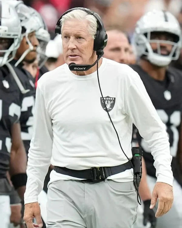 Pete Carroll NFL Preseason 2025 Raiders White Sweatshirt Clanton Jacket