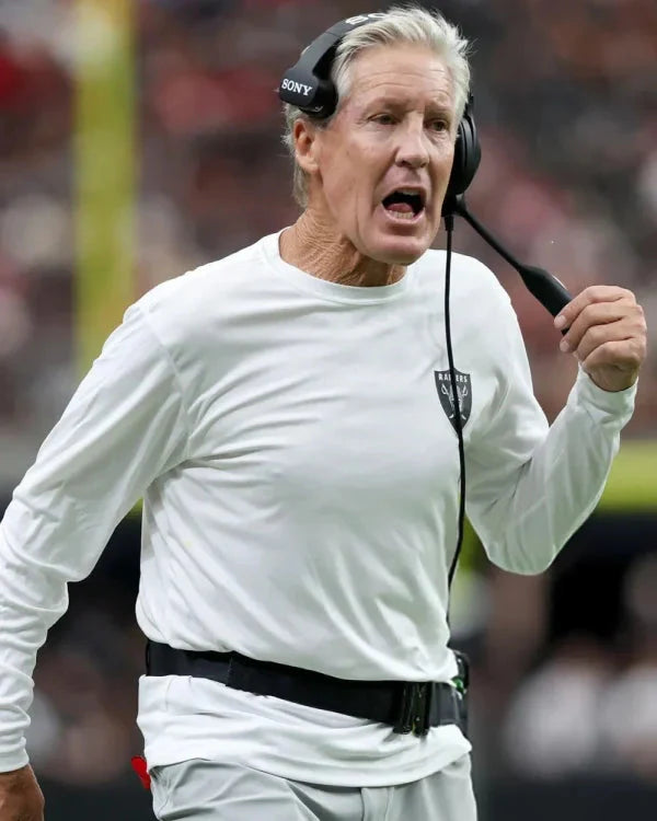 Pete Carroll NFL Preseason 2025 Raiders White Sweatshirt Clanton Jacket